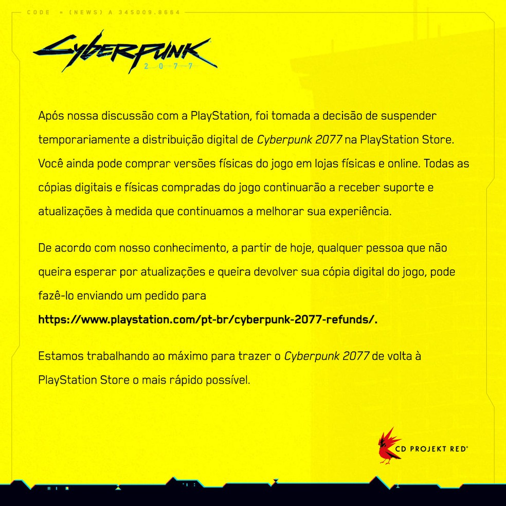 Cyberpunk 2077 é removido da PS Store; saiba pedir reembolso no