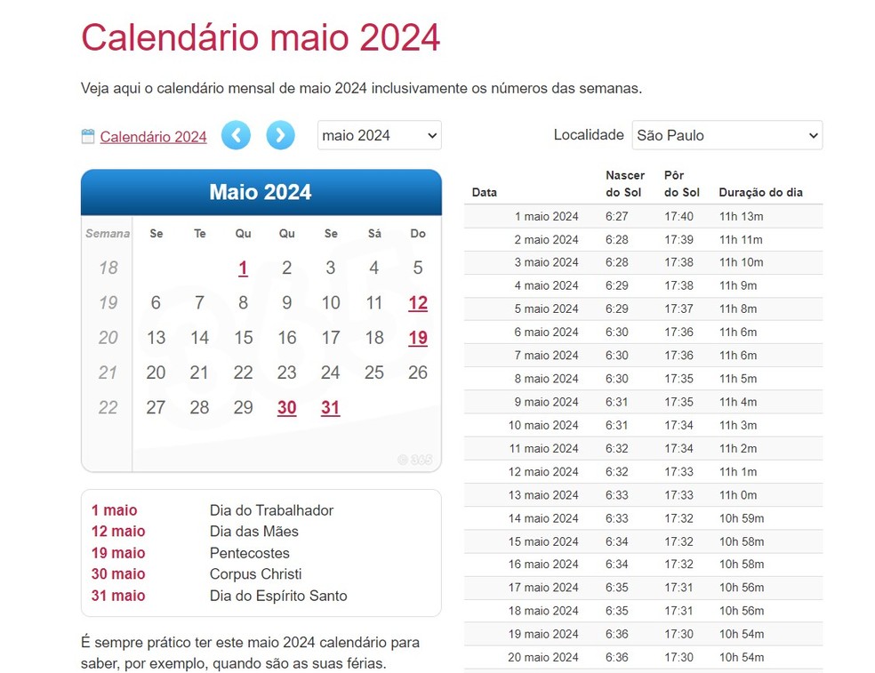 Calendário de maio de 2024 com feriados: veja sites e apps para conferir