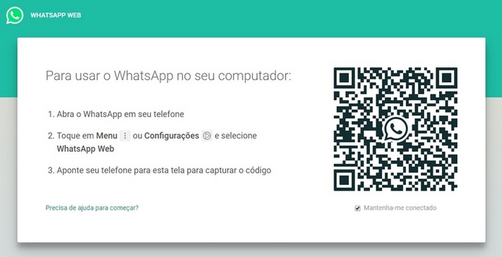 Página inicial do WhatsApp Web aberta no PC — Foto: Reprodução/Raquel Freire