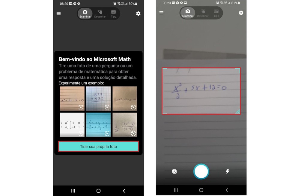 O Microsoft Math Solver pode identificar porblemas matemáticos através da câmera do dispositivo — Foto: Reprodução/Gabriel Pereira