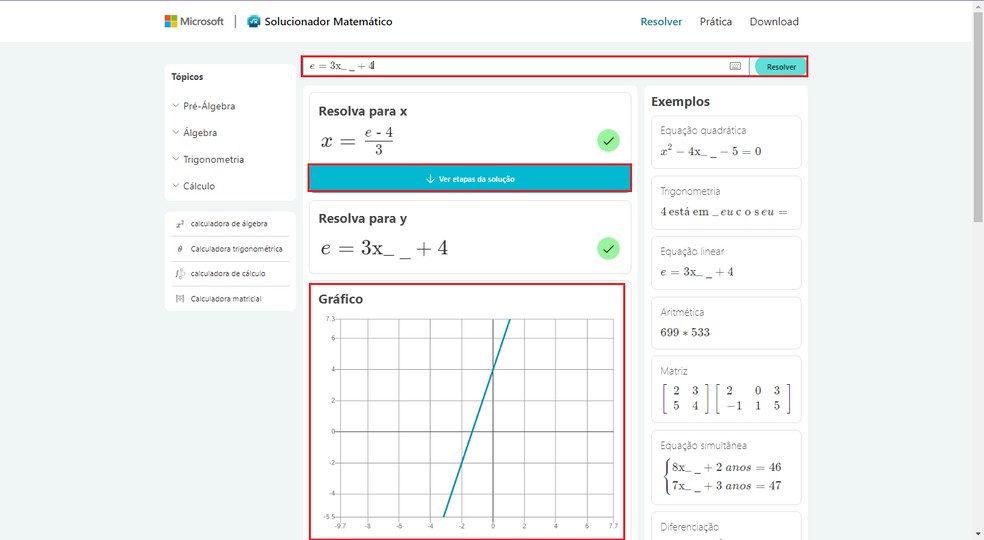 Respostas fornecidas pelo Microsoft Math Solver — Foto: Reprodução/Gabriel Pereira