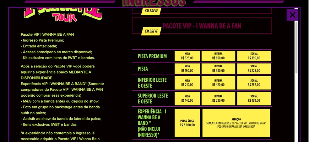 I Wanna Be Tour: preços do Rio de Janeiro — Foto: Reprodução/Yuri Neri