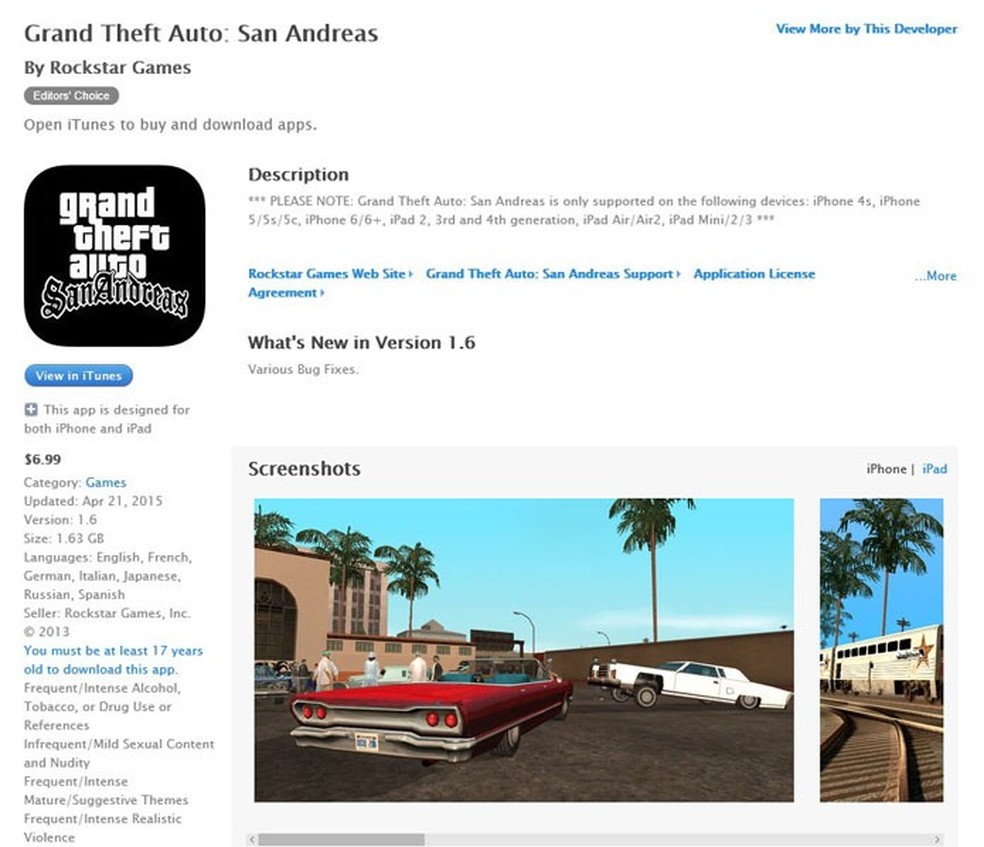 Grand Theft Auto: San Andreas disponível na App Store - Aplicativos Da App  Store