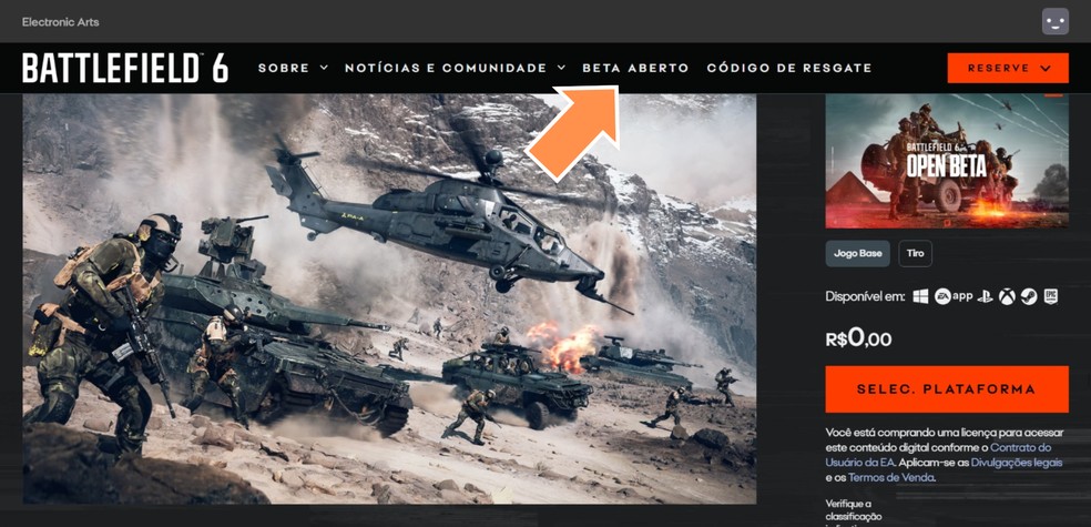 Acesse a aba "Beta Aberto" no site de Battlefield 6 — Foto: Reprodução/Róbson Martins