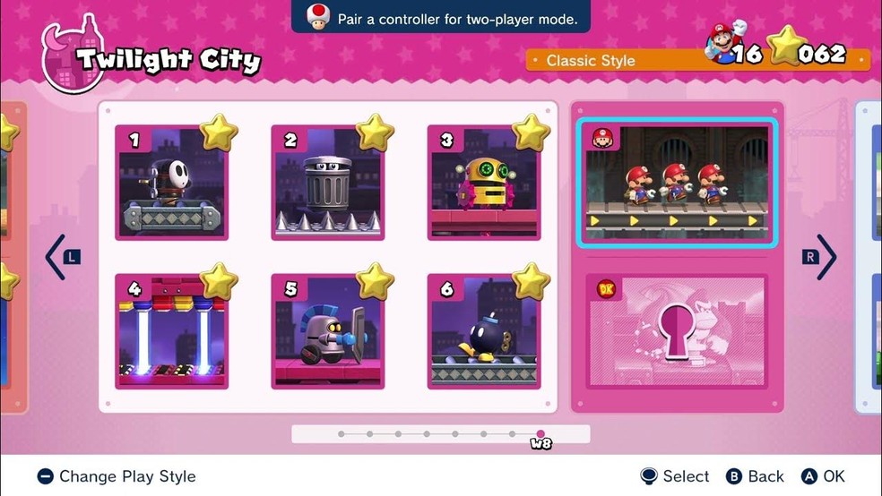 Demonstração de seleção de fase no Mario vs. Donkey Kong para Nintendo Switch — Foto: Reprodução/Youtube