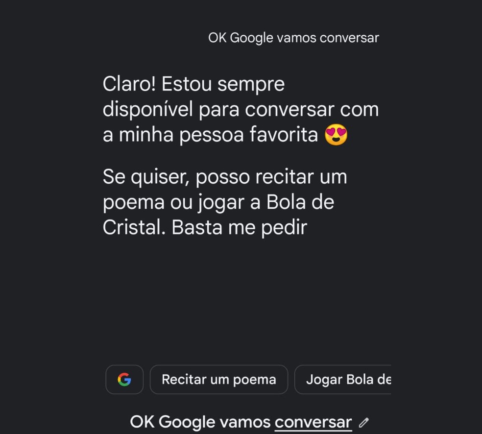 "Ok, Google, vamos conversar?": Comando oferece opções de resposta ao usuário. — Foto: Beatriz Abilio/TechTudo