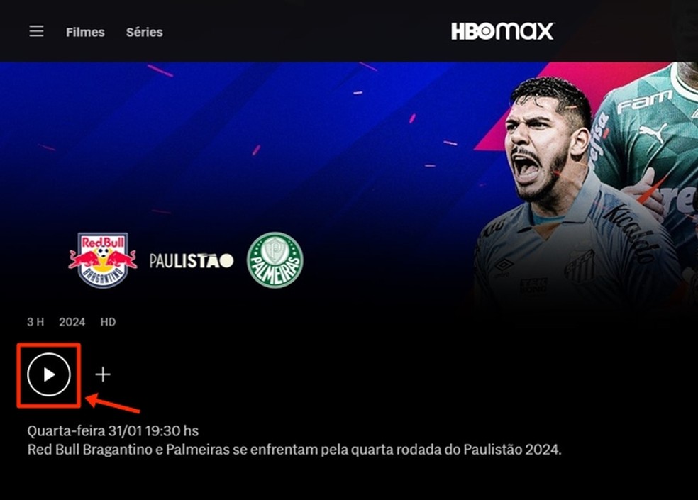 Após usar o botão "Play", público assiste a transmissão de Bragantino x Palmeiras ao vivo e online no HBO Max — Foto: Reprodução/Gabriela Andrade