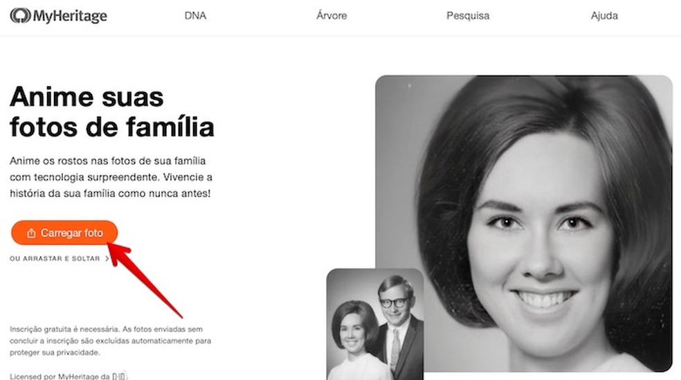 MyHeritage: foto animada pode ser feita a partir de upload — Foto: Reprodução/Helito Beggiora