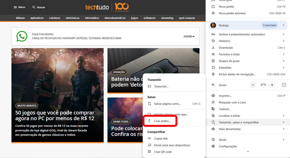 Saiba como criar atalho para página específica do Chrome na tela inicial do Windows — Foto: Reprodução/Rodrigo Fernandes