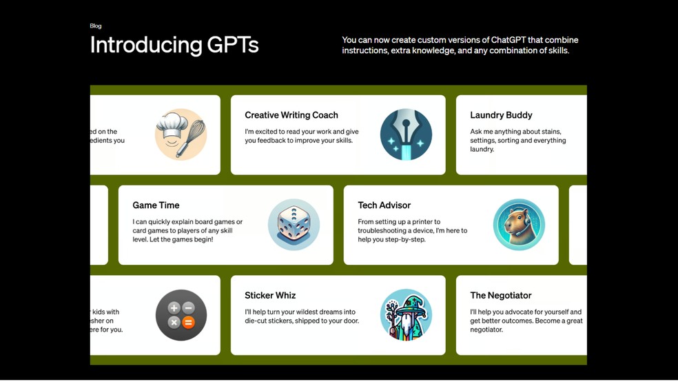 Modelos personalizados, os GPTs, podem ser criados no ChatGPT Plus sem conhecimento em programação — Foto: Reprodução/OpenAI