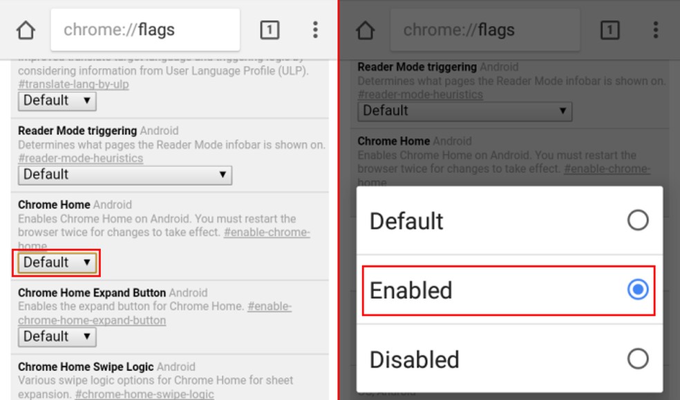 Ativando o recurso 'Chrome Home Android' para exibir a barra embaixo — Foto: Edivaldo Brito/TechTudo