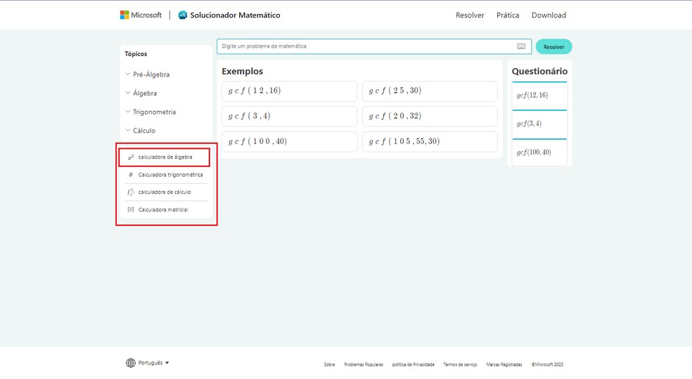 O Microsoft Math Solver possui diferentes estilos de calculadoras — Foto: Reprodução/Gabriel Pereira