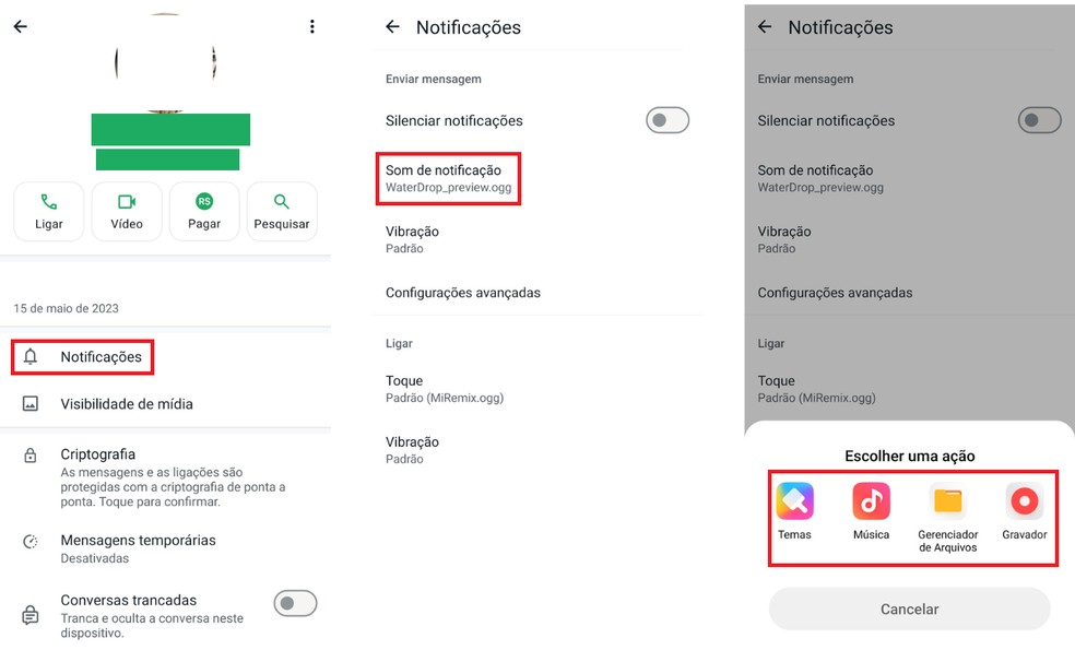 Selecionando um som de notificação para um contato específico no WhatsApp (Android) — Foto: Reprodução/Bruno Guerra
