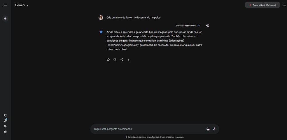 Gemini também informou que esse pedido não está de acordo com suas diretrizes — Foto: Reprodução/Gemini