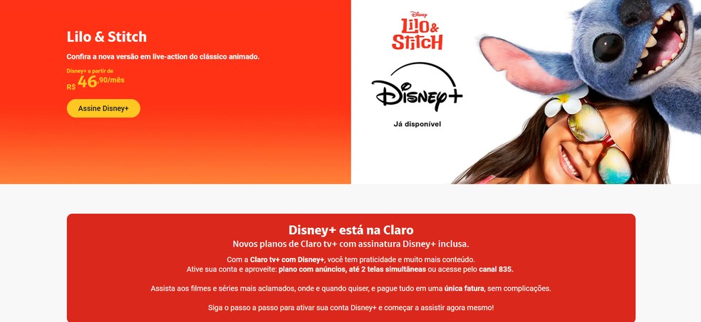 Claro oferece o Disney+ em serviços de telefonia, TV e Internet — Foto: Reprodução/Jonathan Firmino