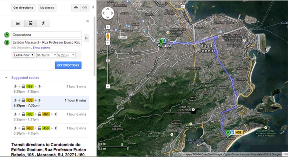 Google Transit permite planejar rotas usando dados de transporte público nas cidades sede da Copa (foto: Reprodução/Google) — Foto: TechTudo