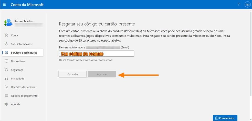 Resgate o código no site da Microsoft — Foto: Reprodução/Róbson Martins