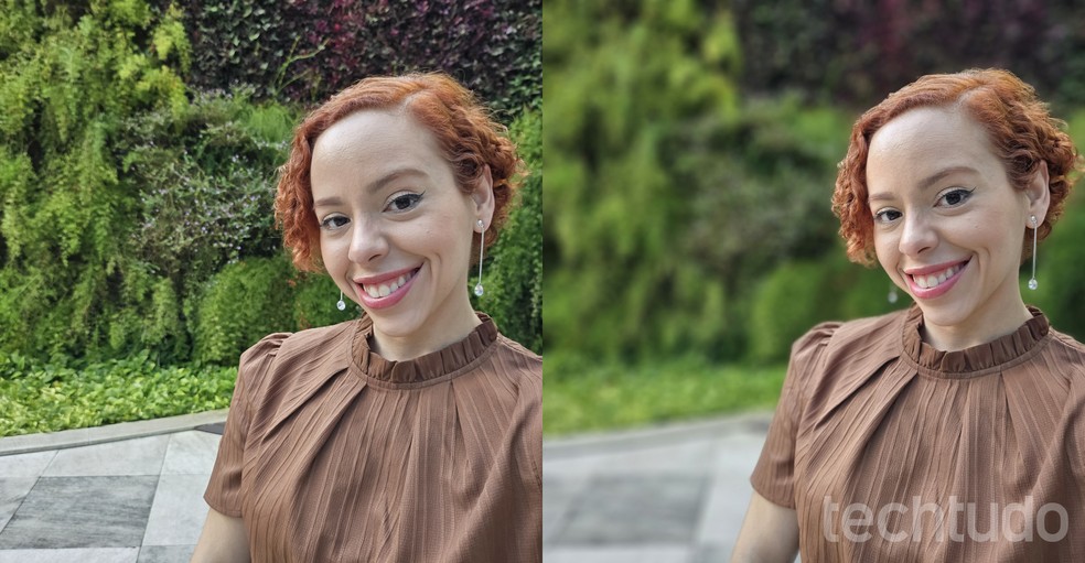Selfie tirada com a câmera traseira do Galaxy Z Flip 5, com modo retrato desativado (esquerda) e ativado (direita) — Foto: Ana Letícia Loubak/TechTudo