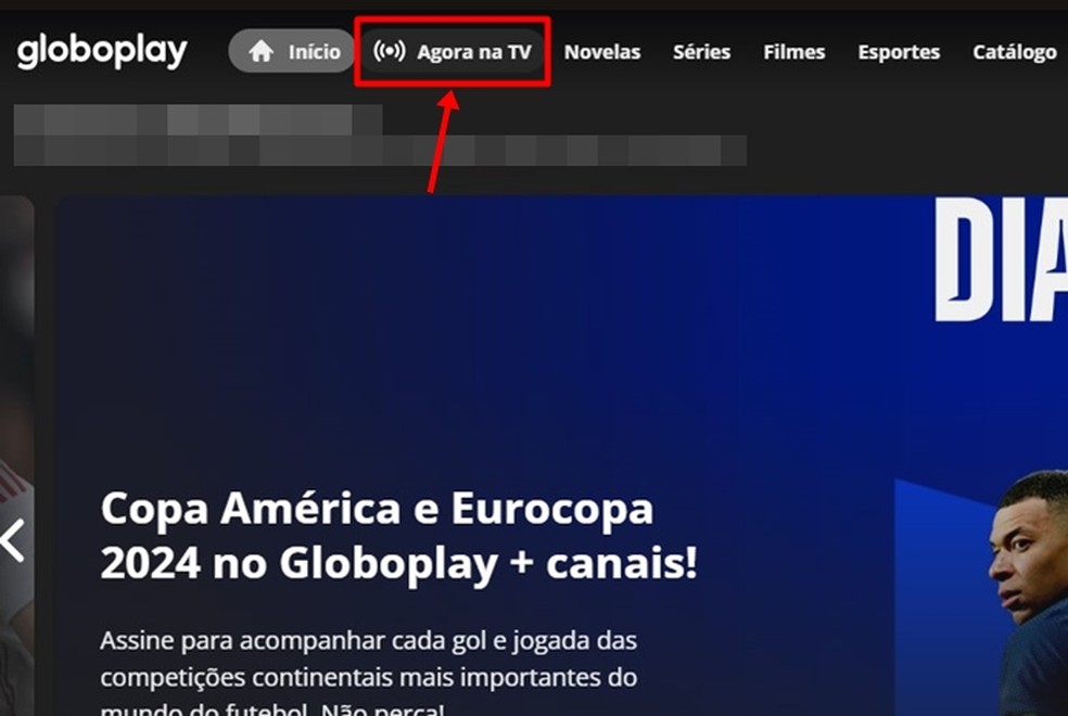 Com login feito, é preciso ir ao menu "Agora na TV" para descobrir quais são as atuais transmissões ao vivo do Globoplay — Foto: Reprodução/Gabriela Andrade