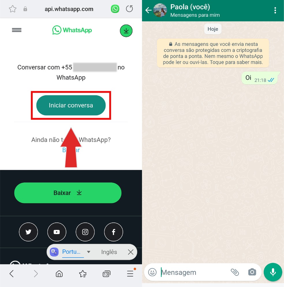 O WhatsApp abre automaticamente na conversa ao clicar em "Iniciar conversa" — Foto: Reprodução/Paola Mansur