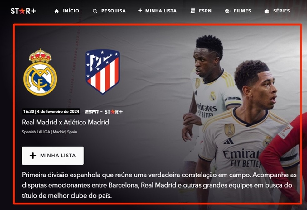 A partir das 17h, confronto entre Real Madrid e Atlético de Madrid é transmitido ao vivo e online no Star+ — Foto: Reprodução/Gabriela Andrade