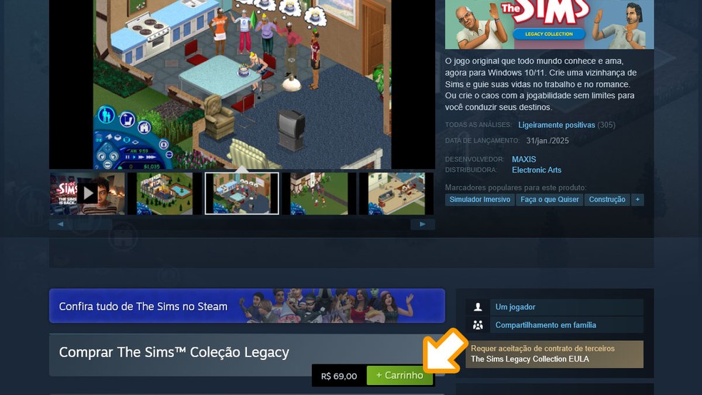 Na página de The Sims 1 ou 2 Coleção Legacy no Steam clique em "+ Carrinho" abaixo das imagens e finalize sua compra para baixar em seu PC — Foto: Reprodução/Rafael Monteiro