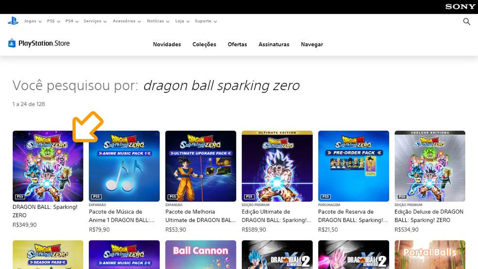Na busca por Dragon Ball Sparking! Zero na PS Store clique no jogo entre os resultados — Foto: Reprodução/Rafael Monteiro