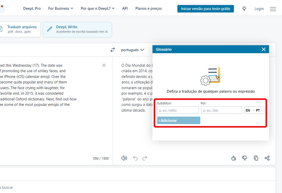 Glossário do DeepL permite fazer alterações nas traduções online — Foto: Reprodução/Rodrigo Fernandes