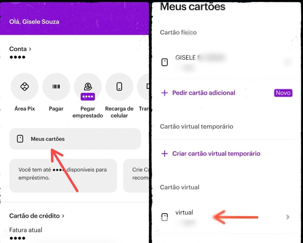 Acesso ao cartão físico e virtual do Nubank — Foto: Reprodução/Gisele Souza