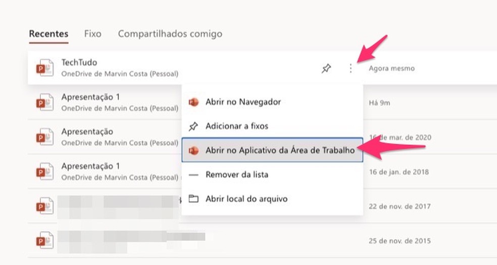 PowerPoint online: baixar arquivo para editar na versão desktop é possível — Foto: Reprodução/Marvin Costa