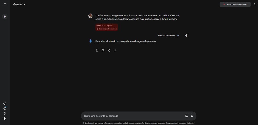 O Gemini informou que ainda não pode reproduzir imagens de pessoas — Foto: Reprodução/Gemini