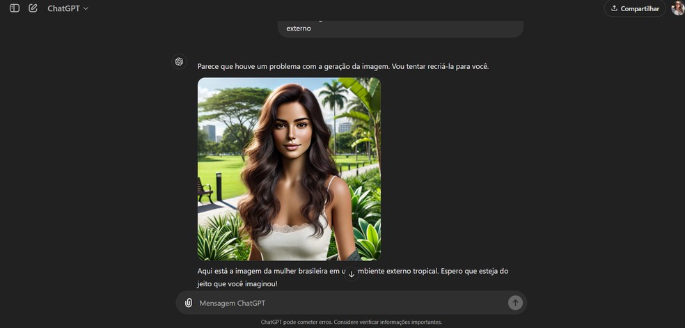 A representação de uma mulher brasileira pelo ChatGPT — Foto: Reprodução/ChatGPT