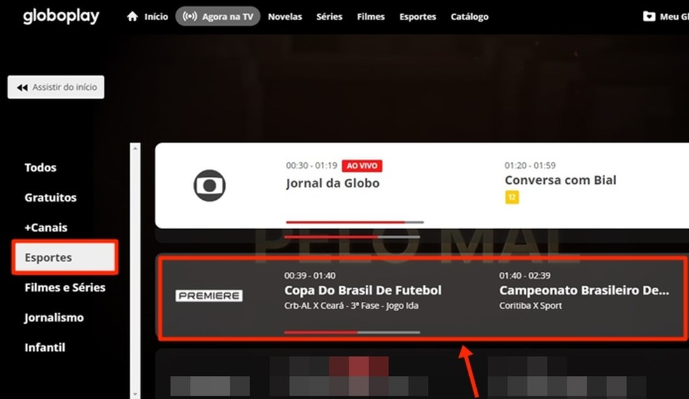 Na aba destinada às transmissões de esportes, no Globoplay, espectador seleciona o canal Premiere para acompanhar São Paulo x Fluminense ao vivo e online — Foto: Reprodução/Gabriela Andrade
