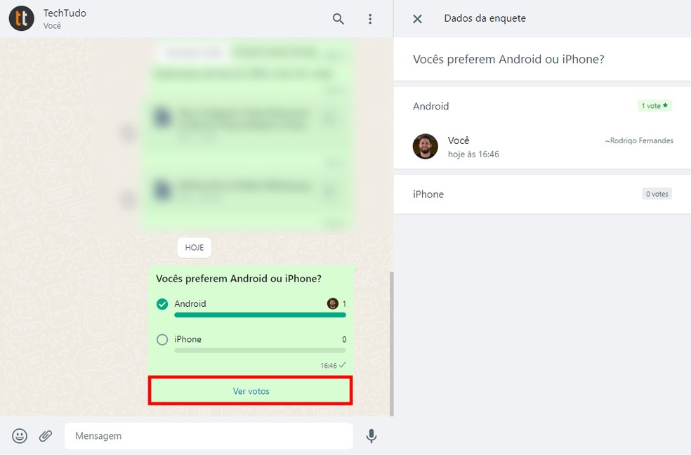 Membros do grupo podem ver resultado da votação da enquete do WhatsApp — Foto: Reprodução/Rodrigo Fernandes