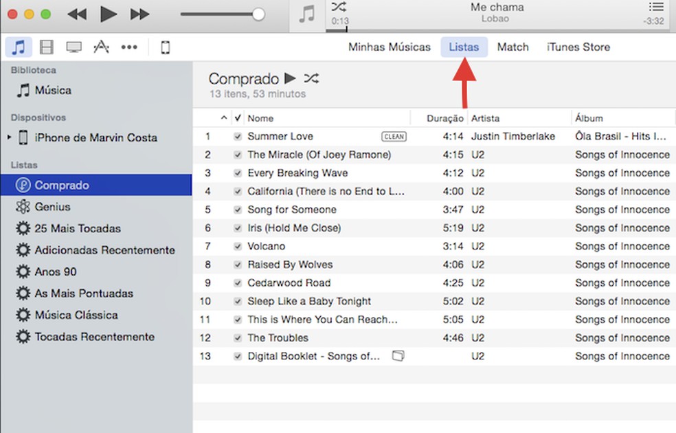 Acessando a visualização de listas do iTunes 12 (Foto: Reprodução/Marvin Costa) — Foto: TechTudo