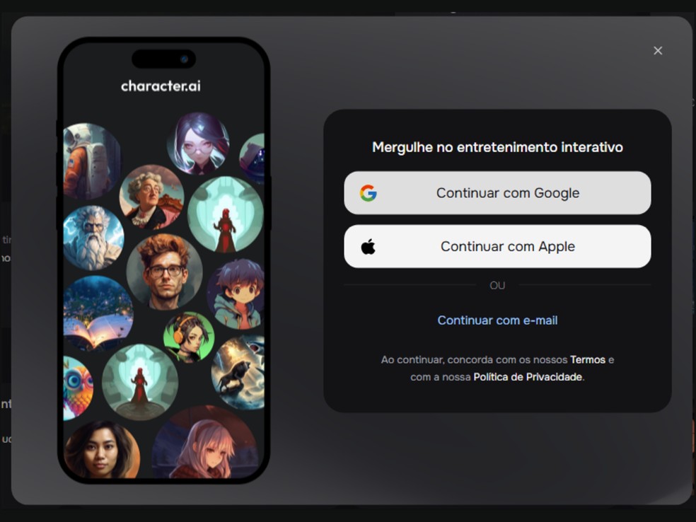 Faça login no Character.ai utilizando endereço de e-mail ou vinculando contas Google ou Apple — Foto: Reprodução/Character.ai