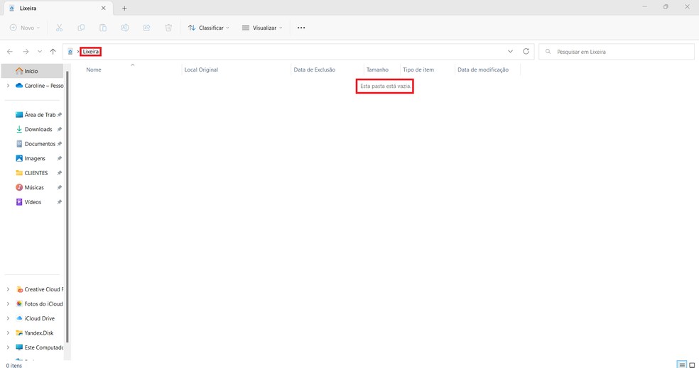  Esvazie a lixeira do Windows de tempos em tempos — Foto: Reprodução/Caroline Silvestre