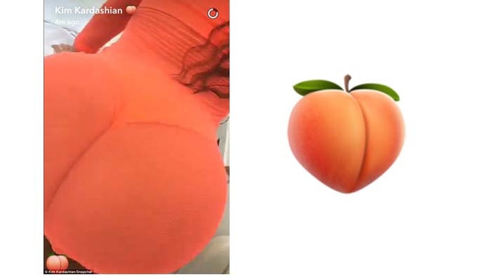 O novo significado dado ao emoji de pêssego pela socialite Kim Kardashian viralizou — Foto: Reprodução/Snapchat e Emojipedia