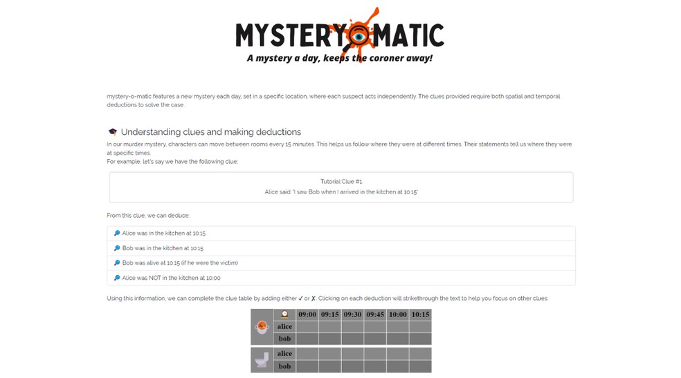 Mystery-o-Matic gera novo mistério de assassinato diariamente — Foto: Reprodução/Júlia Silveira