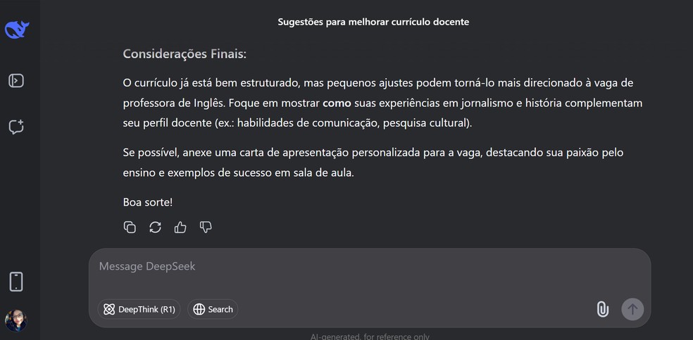 Sugestões do DeepSeek para a melhoria do currículo — Foto: Reprodução/Gisele Veríssimo