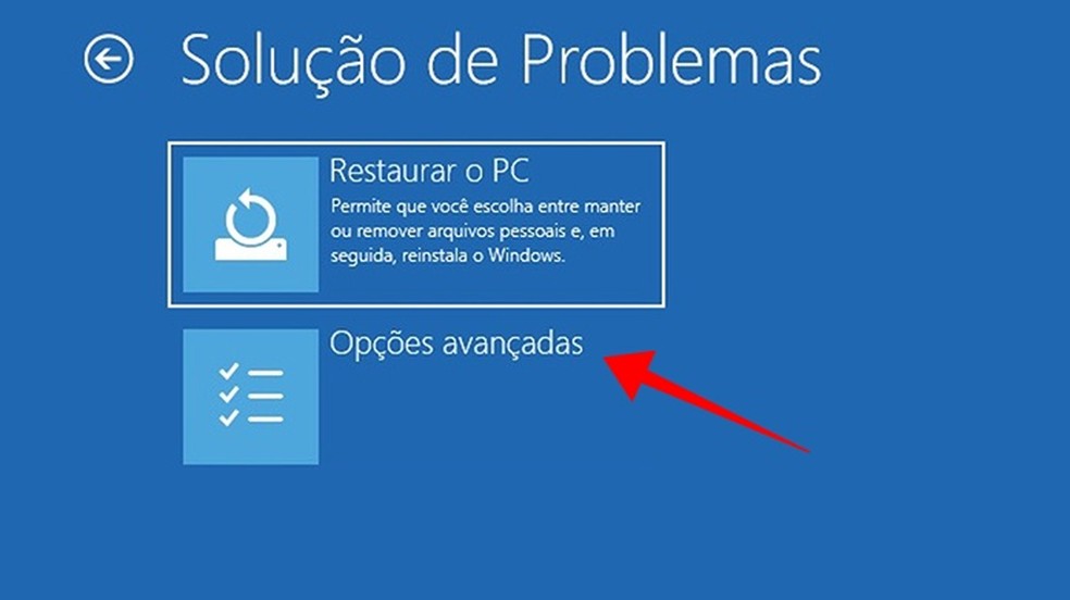 Acesse as opções avançadas do menu de recuperação do Windows 10 — Foto: Reprodução/Paulo Alves