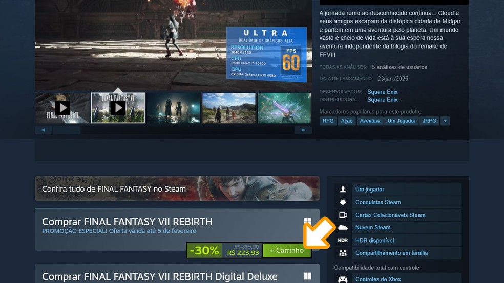 Na página de Final Fantasy 7 Rebirth no Steam clique em "+ Carrinho" e finalize a compra para baixar o jogo em seu PC — Foto: Reprodução/Rafael Monteiro