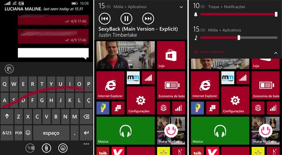 Windows Phone 8.1 agora tem teclado no estilo swype e controle individual de volumes (Foto: Reprodução/Elson de Souza) — Foto: TechTudo