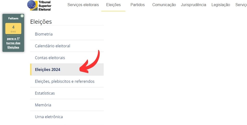 Para imprimir a cola eleitoral, é necessário ir até o menu "Eleições", no site do TSE, e clicar na opção "Eleições 2024" — Foto: Reprodução/Millena Borges