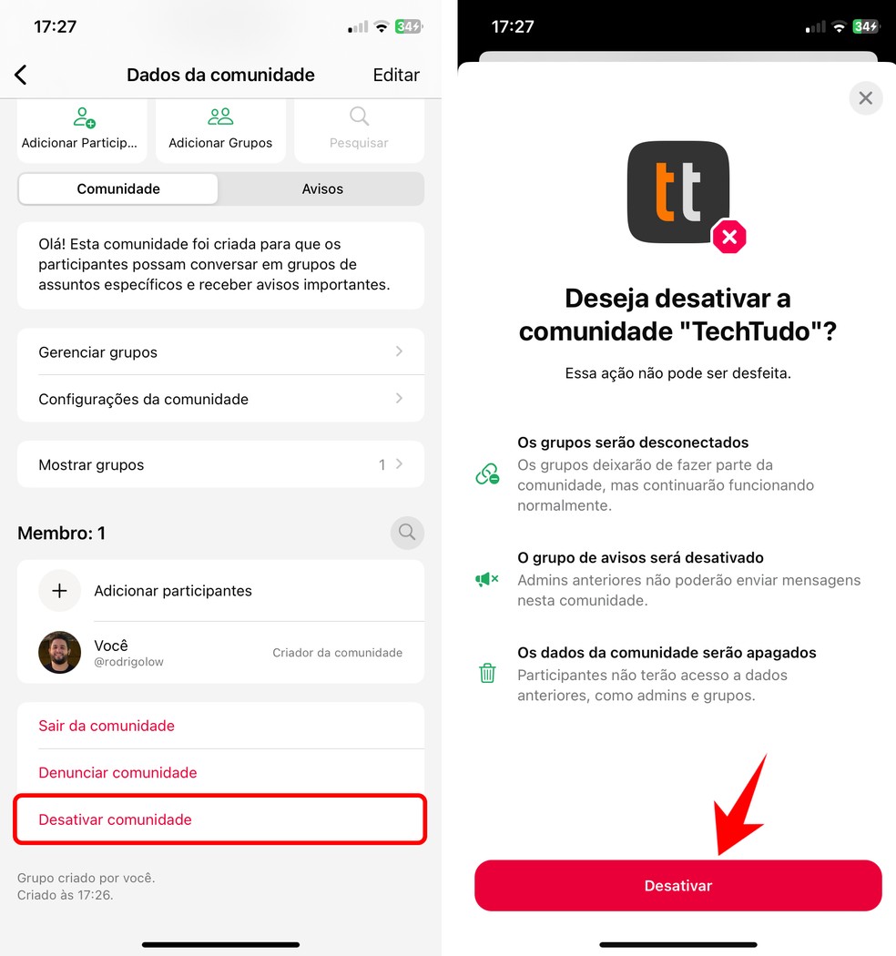 Veja como excluir comunidade do WhatsApp em poucos passos — Foto: Reprodução/Rodrigo Fernandes