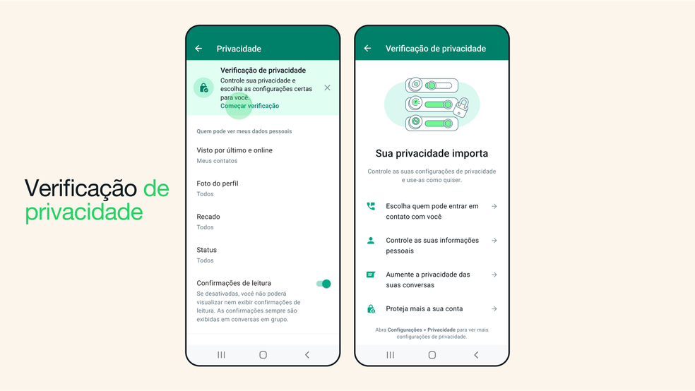 Verificação de privacidade no WhatsApp mostra opções de ferramentas de segurança disponíveis no app — Foto: Divulgação/WhatsApp
