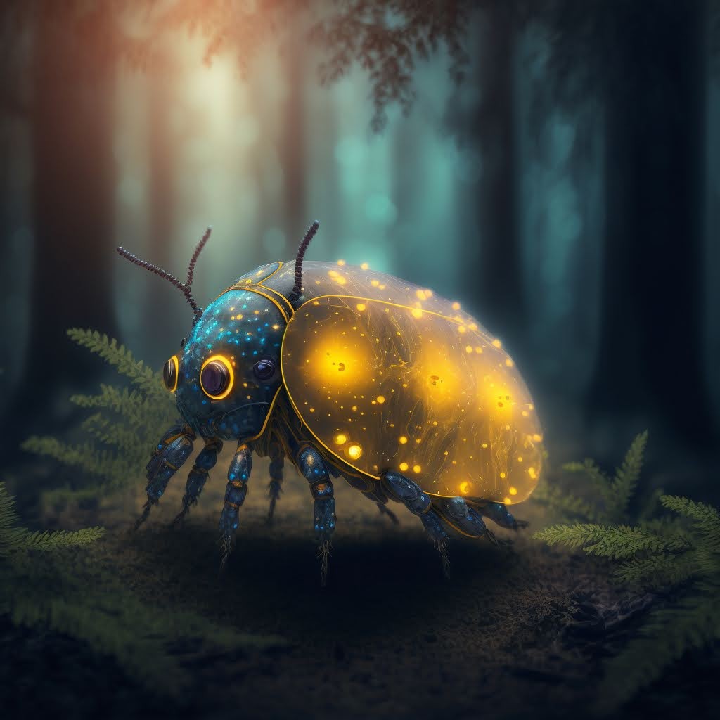 Um inseto na floresta com asas brilhantes e pontos de luz pelo corpo  — Foto: Reprodução/Midjourney