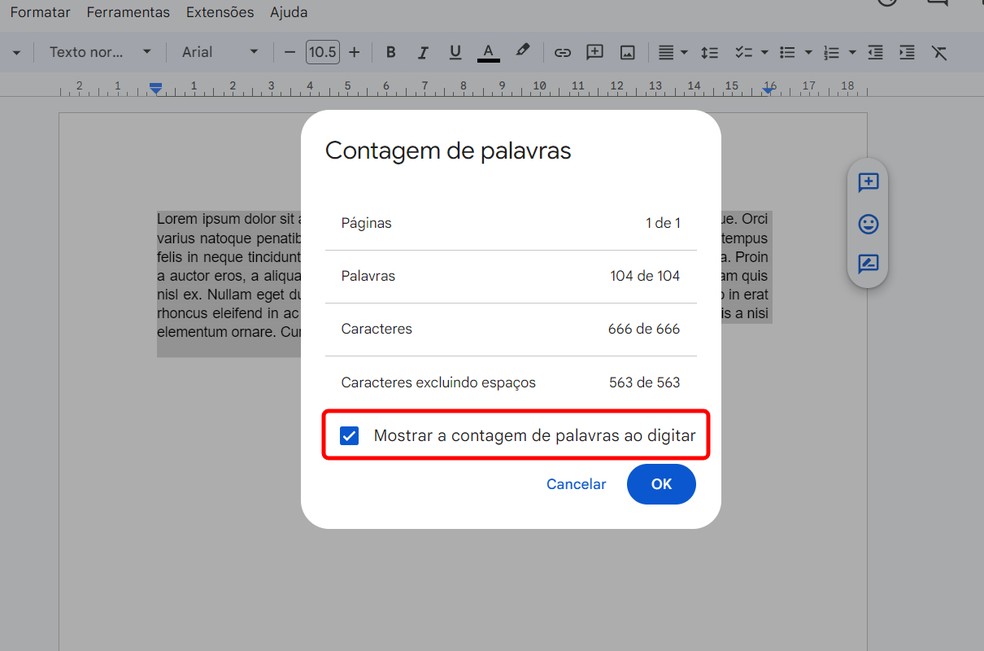 Veja como ativar contador de caracteres automático no Google Docs — Foto: Reprodução/Rodrigo Fernandes
