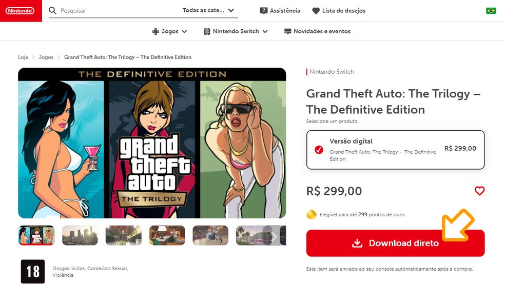 Na página de Grand Theft Auto: The Trilogy - Definitive Edition na Nintendo Game Store clique em "Download direto" e finalize a compra para poder baixar GTA: San Andreas — Foto: Reprodução/Rafael Monteiro