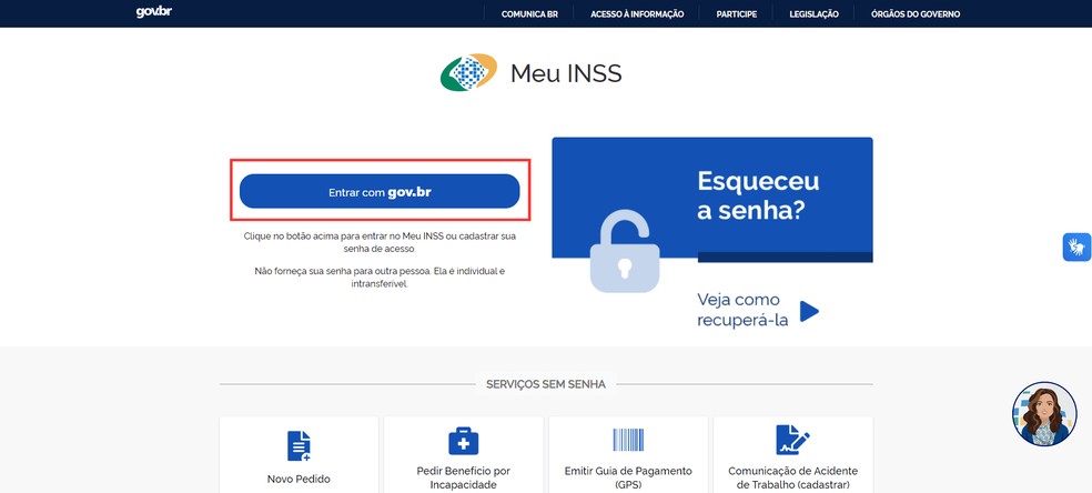 Clique em “Entrar com gov.br” para fazer login no "Meu INSS" — Foto: Reprodução/Bruno Guerra